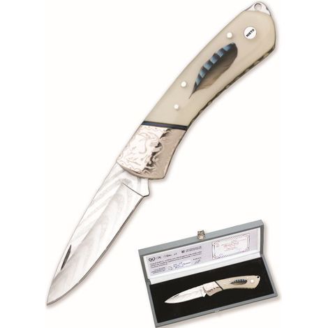 Coltello artigianale ART-2 Miguel Nieto Miguel Nieto 18,5 cm, con lama in acciaio 8 cm e mango osso resina ossea e metacrilato con inserimento di piume naturali con scatola di presentazione