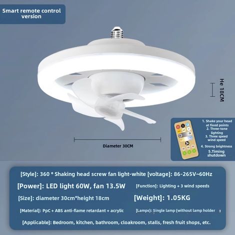 Semplice ventilatore da soffitto a vite, a risparmio energetico per la camera da letto (60W - ampio telecomando con dimmer a colori) (1/5)