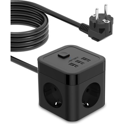 Cube Multiprise 5M Parasurtenseurs USB 3 Prises avec 3 Ports USB Chargeur de Voyage avec Interrupteur 3680W 16A,Cable 5m pour Smartphone Tablette- Noir (1/5)
