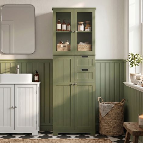 Armoire de rangement haute, avec portes vitrées et étagères réglables, pour salle de bain, cuisine, salon, verte (1/5)