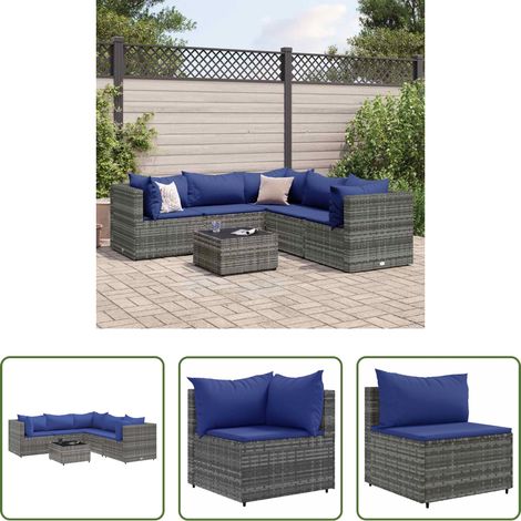 vidaXL Rattanmöbel - 6-tlg. Garten-Lounge-Set mit Kissen Grau Poly Rattan (1/5)