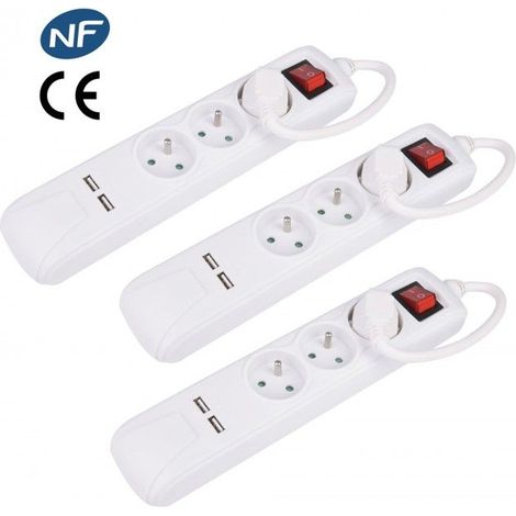 Lot De 3 Blocs Blanc 3 Prises + Interrupteur + 2 Ports Usb Fnbku03whitex3 De La Marque Pullman (1/2)