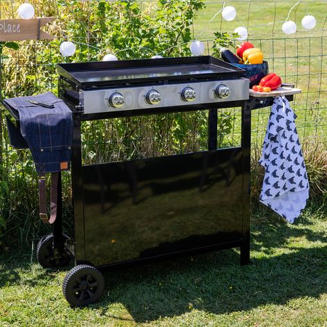 Happy Garden – Plancha à gaz 4 brûleurs 8kW – Acier émaillé – Chariot à roulettes – Bac récupérateur de graisse