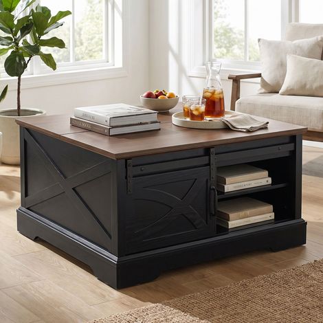 Parrot Uncle Wooden Coffee Table with Storage, 80cm Square Coffee Table with Lift-Up Top Design, Farmhouse Rustic Coffee Table with Hidden Storage and Sliding Barn Door for Living Room (1/5)