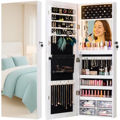 Miroir à lumières LED à fixer au mur ou à suspendre à une porte, miroir pleine longueur de 106,7 cm avec rangement, miroir de maquillage intégré, organisateur de miroir verrouillable, blanc (1/5)