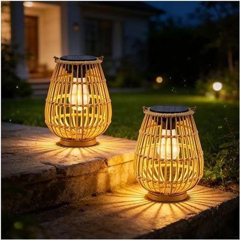 Solar Lanterns Outdoor, Hand Braided Rattan Lights Boho Style Hanging and Standing, Waterproof, Warm White LED Light, Lamps (1/5)