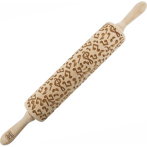 Mattarello in legno MoodForWood, inciso, 43 cm con manici, perfetto per la cottura al forno - Motivo musica e note (1/5)