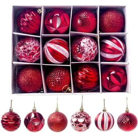Lot de 12 boules de Noël élégantes Ø 6 cm Boules de Noël Décorations de Noël (Rouge), Décorations de fêtes 6CM Boules de forme spéciale, Décorations de sapin de Noël 12 boules à carreaux en boîte (1/5)