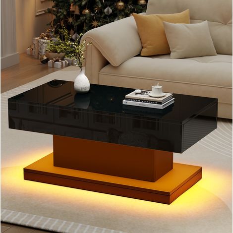Table basse 100 x 50 x 45 cm avec 2 tiroirs, bande LED pilotée par appli, bois aggloméré noir, REDOM (1/5)