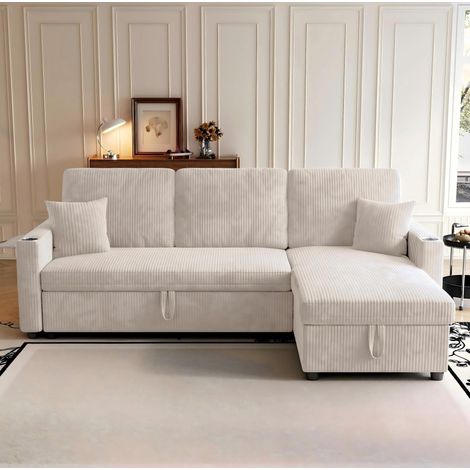 Divano angolare convertibile con contenitore, tessuto a coste beige OKMYHOME (1/5)
