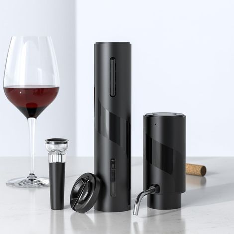 Ensemble tire-bouchon électrique 4 en 1 - Rechargeable par USB - Avec décanteur, aérateur de vin, bec verseur, bouchon à vin et coupe-capsule - Coffret cadeau pour mariages, fêtes et usage (1/5)