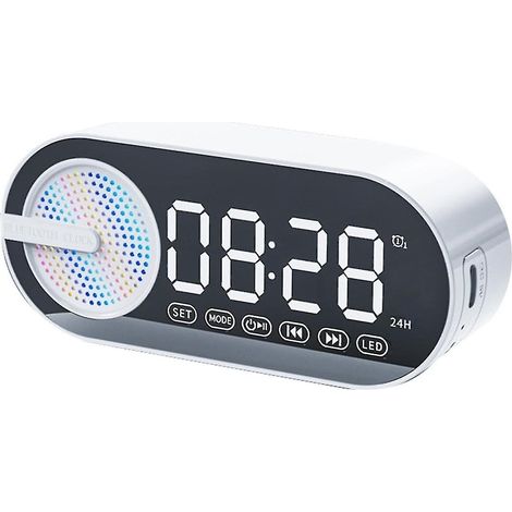 Enceinte Bluetooth portable avec horloge numérique, veilleuse couleur, double alarme, miroir et caisson de basses. (1/5)