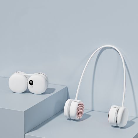 Ventilador de cuello portátil con 5 velocidades y rotación de 360°, ideal para gimnasios y actividades al aire libre, color blanco. (1/5)