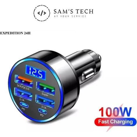 Chargeur Allume Cigare Voiture 6 ports 4 USB + 2 PD Affichage Recharge rapide (1/3)