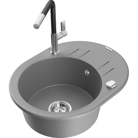 Mexen Kevin 1 Becken-Granitspüle mit Abtropffläche und Mischbatterie Flora, Grau - 6517-71-670401-07