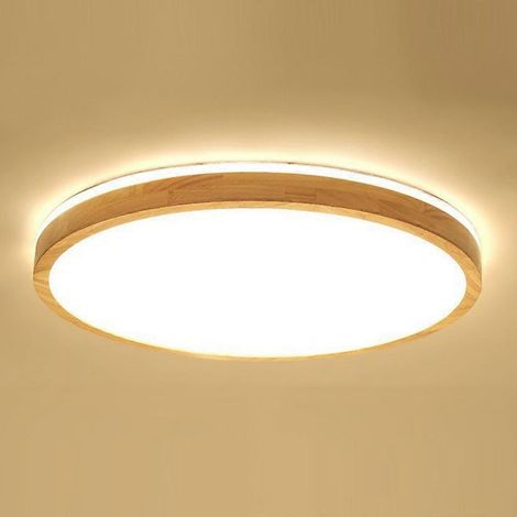 Plafonnier LED rond plat, style bois, pour salon, intensité variable 3000-6000K, hauteur sous plafond de 30 cm. (1/5)