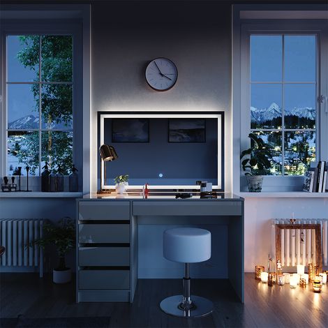 Schminktisch Sherry, Greige, 120 cm mit LED-Spiegel und Hocker, Vicco