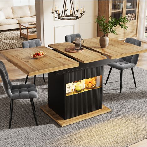 Table extensible 110-140 x 80 x 76 cm avec rangement, LED et plateau réglable, noir et bois DESVIAE (1/5)