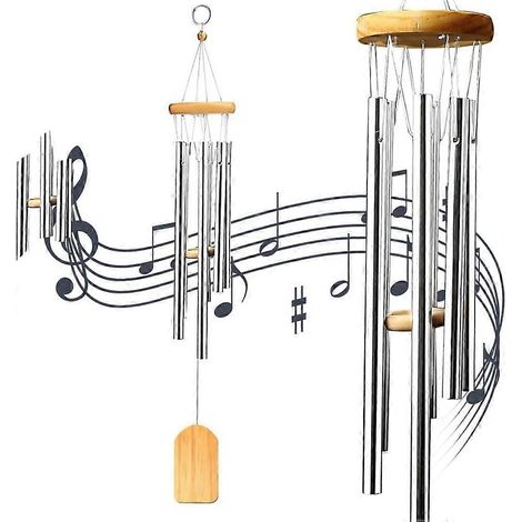 Carillon éolien, carillon en bois de 65 cm avec 6 tubes creux en aluminium, carillon décoratif suspendu pour l'extérieur, idéal pour la terrasse, le jardin et la maison. (1/5)