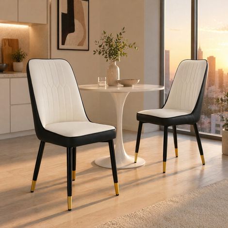 Lote de 2 sillas de comedor modernas en PU negro y blanco, patas metálicas HAVRYA (1/5)