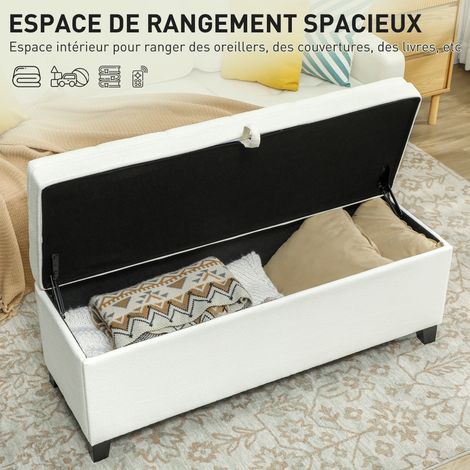 Banc rangement 112L banquette bout de lit lin capitonné 120x40x48 cm crème