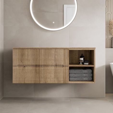 1200mm Bathroom Vanity Unit Countertop Wall Hung Drawer Fluted Oak Unit No Basin (1/5)