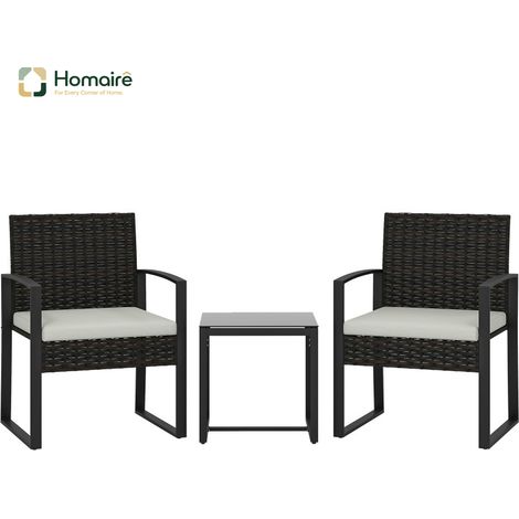 HOMAIRE Set de Bistrot Rattan 3 Pièces pour Jardin avec 2 Chaises, Table Basse et Coussin Démontable Crème