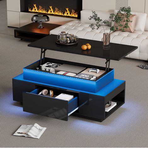 Mesa de centro elevable con LED, almacenaje oculto y cajón, 96 x 45 x 40 cm, negro HAVRYA (1/5)