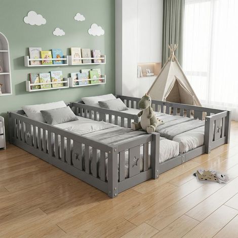 Lit enfant - Lit de Sol - Lit double - 90 x 200 cm - Avec sommier à lattes - Motif en étoile - Bois Massif - Gris