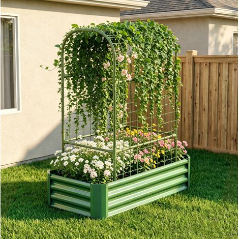 Bac potager surélevé 120x60x150 cm en acier galvanisé vert, gain de place pour terrasse FloraGrace (1/5)