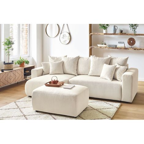 BOBOCHIC - Canapé d'angle réversible convertible coffre ENVY velours côtelé avec pouf Beige (1/5)