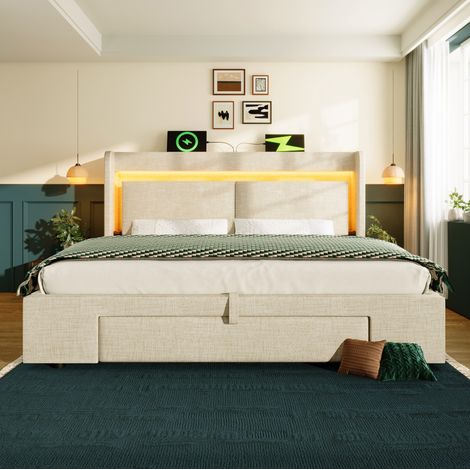 Cama dormitorio 180x200 con almacenaje LED USB beige OKMYHOME (1/5)