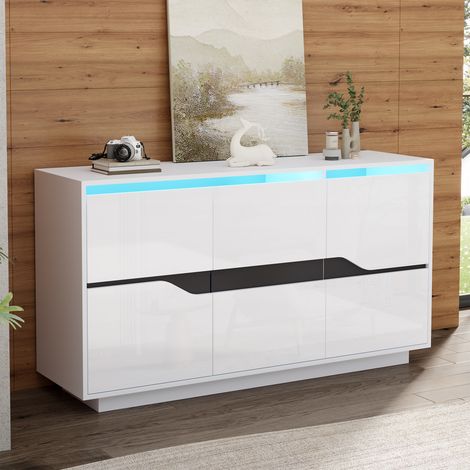 Meuble de salon 140x40x70cm, buffet avec 3 portes, commode polyvalente à étagères ajustables, armoires larges sans poignées, meuble d'appoint brillant avec LED, blanc et noir (1/5)