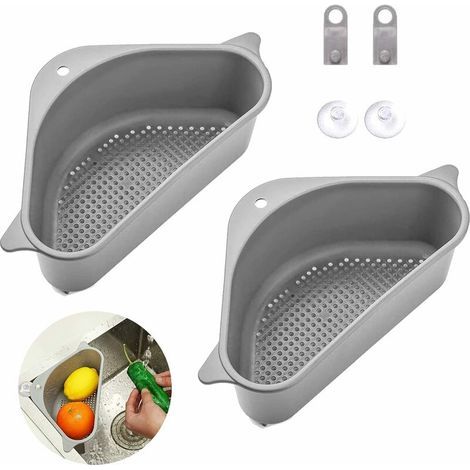Cestas de drenaje triangulares de 2 piezas para puerta de fregadero con ventosas multifuncionales, escurridores de fregadero para cocina y baño (gris) (1/5)
