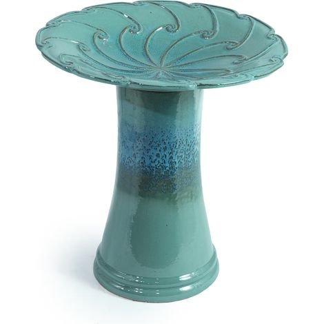 Bagno per uccelli in ceramica smaltata turchese con rilievo a foglie Ø43 cm H45 cm (1/5)
