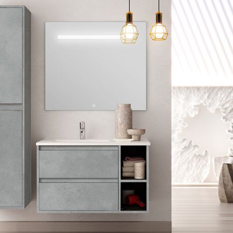 Meuble de salle de bain vasque déportée 2 tiroirs ciment (gris) - OLYMPE et miroir Led STAM - 80cm (1/4)