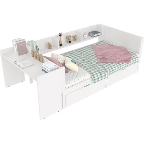 Cama individual 90x200 cm con escritorio integrado, 2 cajones ocultos, 3 estantes y barandillas de seguridad, diseño en madera blanca para dormitorio juvenil  CHICFURN (1/5)