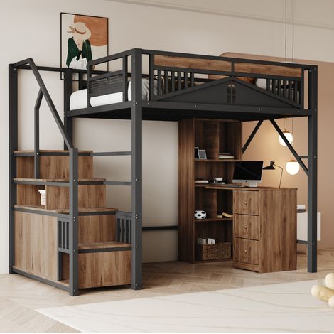 Lit mezzanine 140/200 cm noir en métal et bois avec escalier de rangement (1/5)