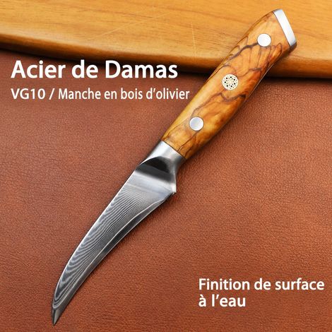 Couteau d'office bec d'oiseau acier Damas VG10 couteau à fruits et sculpture manche bois 200 g – Livraison gratuite (1/5)
