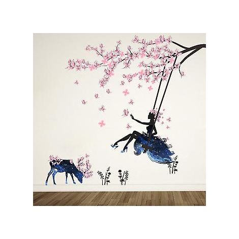 Wandaufkleber „Mädchen auf einer Schaukel“ & „Elchsilhouette“ mit rosa Schmetterlingen, abnehmbare Wandaufkleber, DIY-Vinyl-Wandbild-Kunstaufkleber für das Wohnzimmer