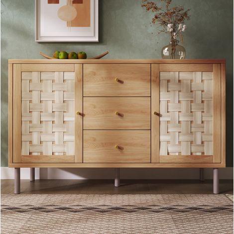 Commode 120x40x75 cm chêne en bois avec 2 portes, 3 tiroirs, étagères réglables et pieds en métal (1/5)