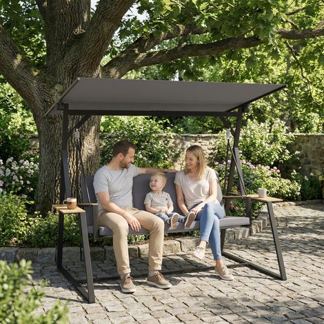 3-Sitzer-Gartenschaukel mit verstellbarem Sonnendach, 2 Tabletts, Kissen und Metallgestell, Tragkraft 360 kg, Grau