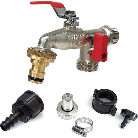 Robinet Jardin Double Sortie - Laiton - Filetage BSPT 3/4 Pouces - Pour Arrosage Et Programmateur D'irrigation - Patio Terrasse Extérieur - 1 Pièce