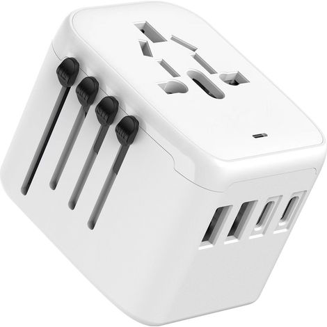 Universeller internationaler Reiseadapter – 5-in-1-Reiseadapter mit 2 USB-Typ-C-Anschlüssen und 1 Netzadapter, universell einsetzbar für Frankreich, Großbritannien, USA, Australien, Thailand und Japan