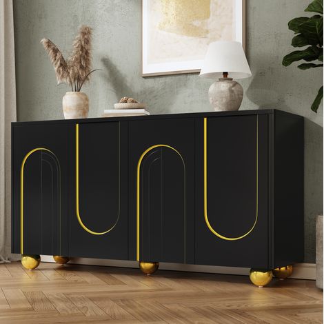 MEUBLIV Buffet 140x40x74 cm noir – 4 portes, double rangement avec pieds métal (1/5)