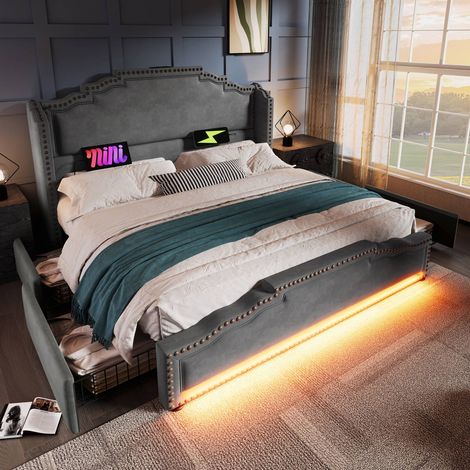 Lit 180x200 cm en velours gris avec 4 tiroirs, éclairage LED, port USB-c, sommier inclus, sans matelas (1/5)