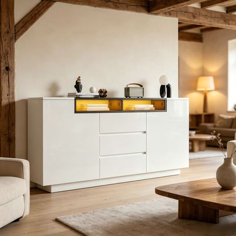 Aparador de salón de 140 x 40 x 68 cm con 2 puertas en forma de L, unidad de almacenamiento con separadores ajustables e iluminación LED, armario lacado de alto brillo con 3 cajones, cómoda, blanco y  (1/5)