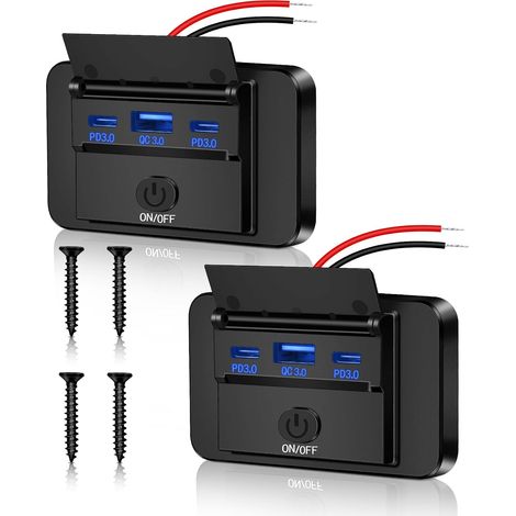 Lot de 2 prises USB 12 V pour camping-PD3.0 USB et QC3.0 USB C Prise étanche Adaptateur de charge rapide pour voiture, camping-car, moto, camion