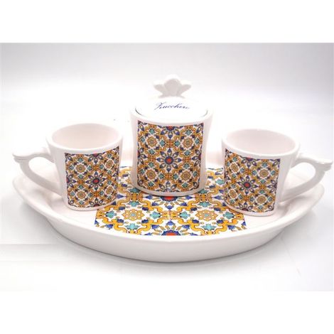 Set Caffe' Tè 2 Tazze 1 Barattolo Zucchero e Vassoio in ceramica Decoro Ravello (1/2)