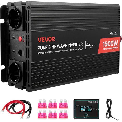 Convertisseur Pur Sinus 12V 230V 1500W Onduleur 2 Prises CA USB Type-C Télécommande Camping-Car TP-1500W (1/5)